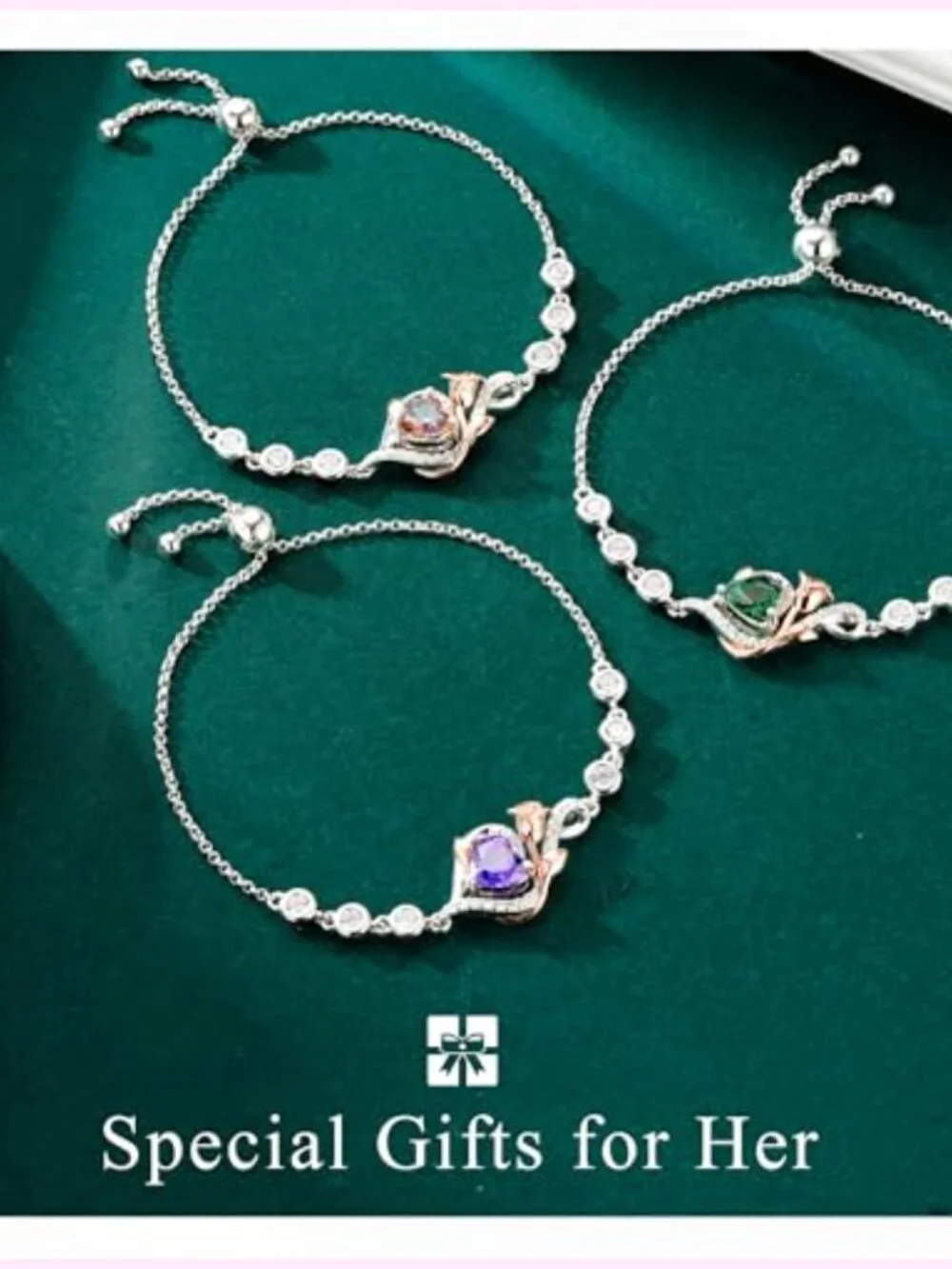 Adjustable 925 Sterling Silver Heart Birthstone Bracelet for Women -